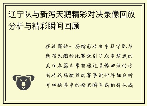 辽宁队与新泻天鹅精彩对决录像回放分析与精彩瞬间回顾